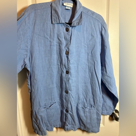 Vintage Camille & Co Women's Blue Button-Up Top - 100% Linen - Size Large - Picture 4 of 11